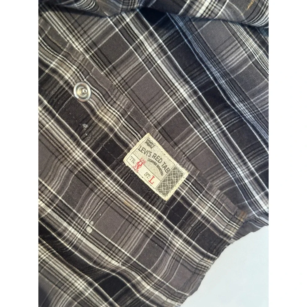 Levis Mens Red Tab Western Pearl Snap Shirt Plaid Black Grey‎ White Medium